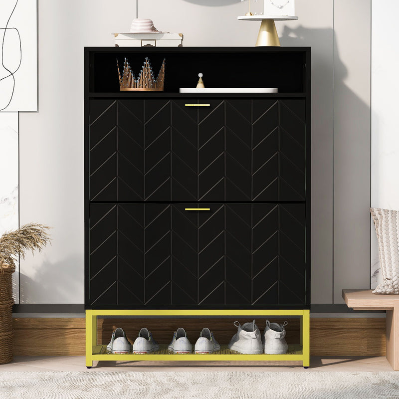 Shoe Cabinet With 2 Flip Drawers, And 2 Shelves, Modern Free Standing Shoe Rack For Heels, Boots, Slippers, Shoe Storage Cabinet For Entryway, Hallway, Living Room