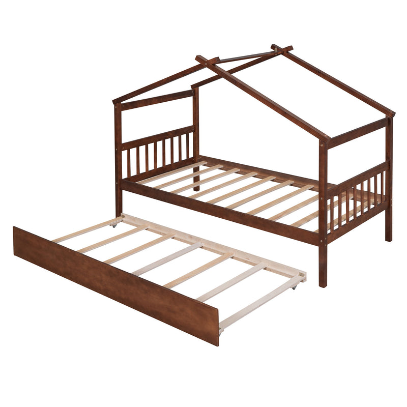 Twin Size Wooden House Bed With Twin Size Trundle Walnut