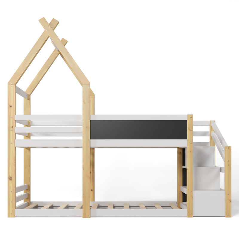 Twin over Twin House Bunk Bed with White Storage Staircase and Blackboard, White and Natural