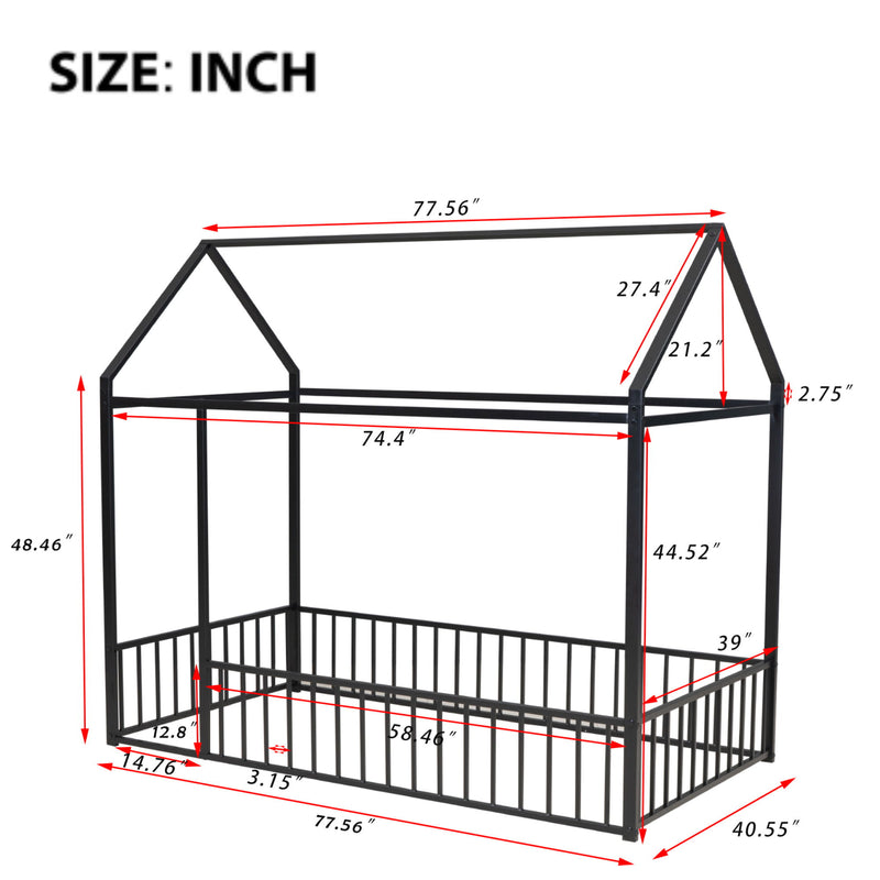 Twin Size Metal Bed House Bed Frame With Fence, For Kids, Teens, Girls, Boys