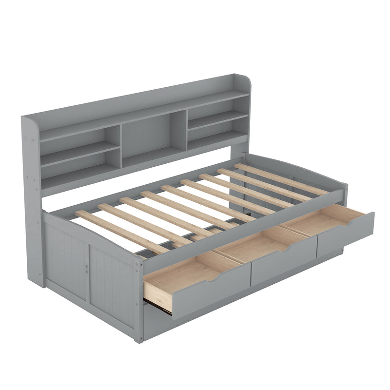 Twin Size Wooden Captain Bed with Built-in Bookshelves,Three Storage Drawers and Trundle,Light Grey