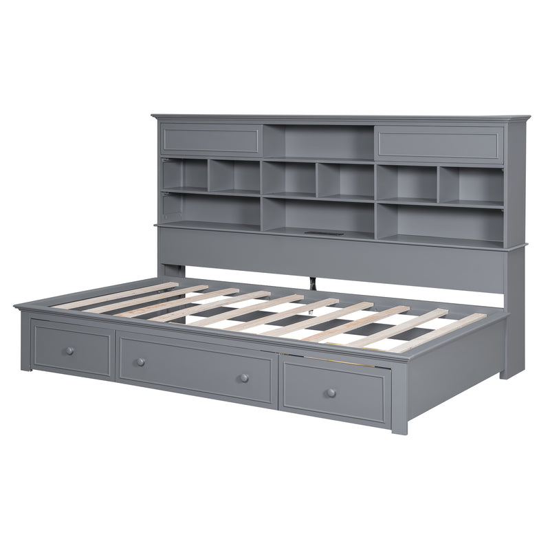 Twin Size Wood Daybed with Multi-Storage Shelves, Charging Station and 3 Drawers, Gray