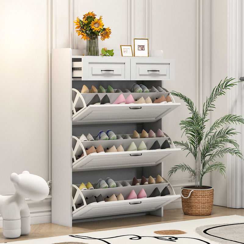 Shoe Cabinet With 3 Doors 2 Drawers, PVC Door With Shape, Large Space For Storage - White