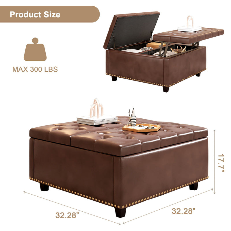 Massive Square Storage Bench, Footstool With Two Storage Doors, Mid-Century Modern Coffee Table For Living Room, Nailhead Inlay