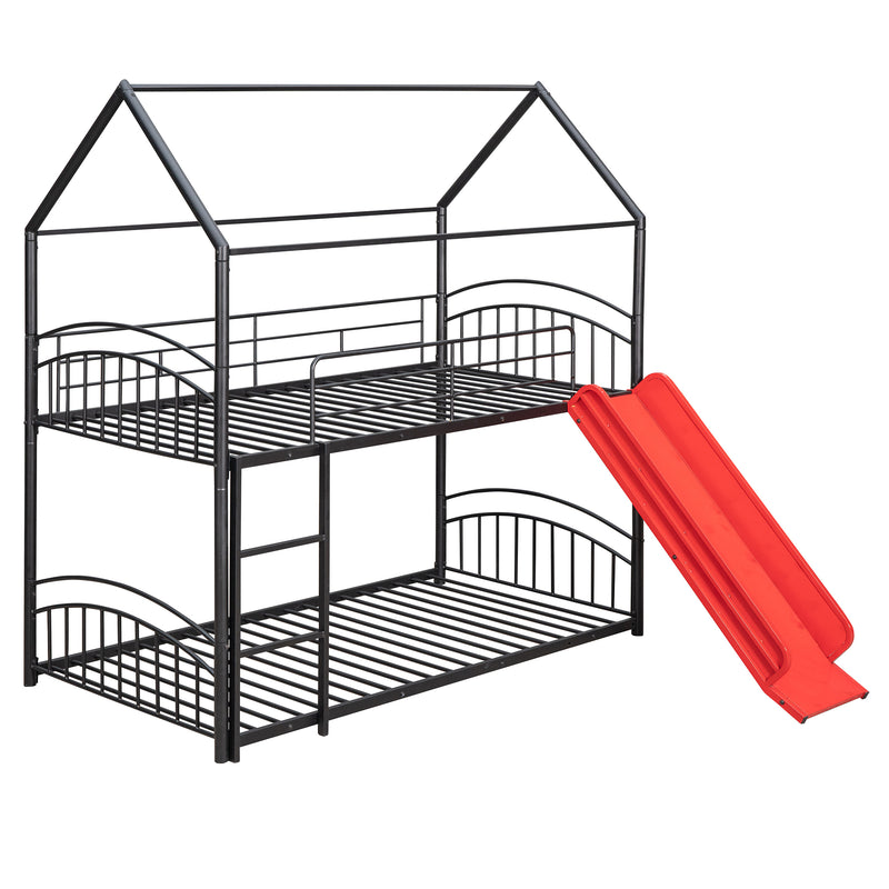 Twin Over Twin Metal Bunk Bed With Slide,Kids House Bed Black+Red