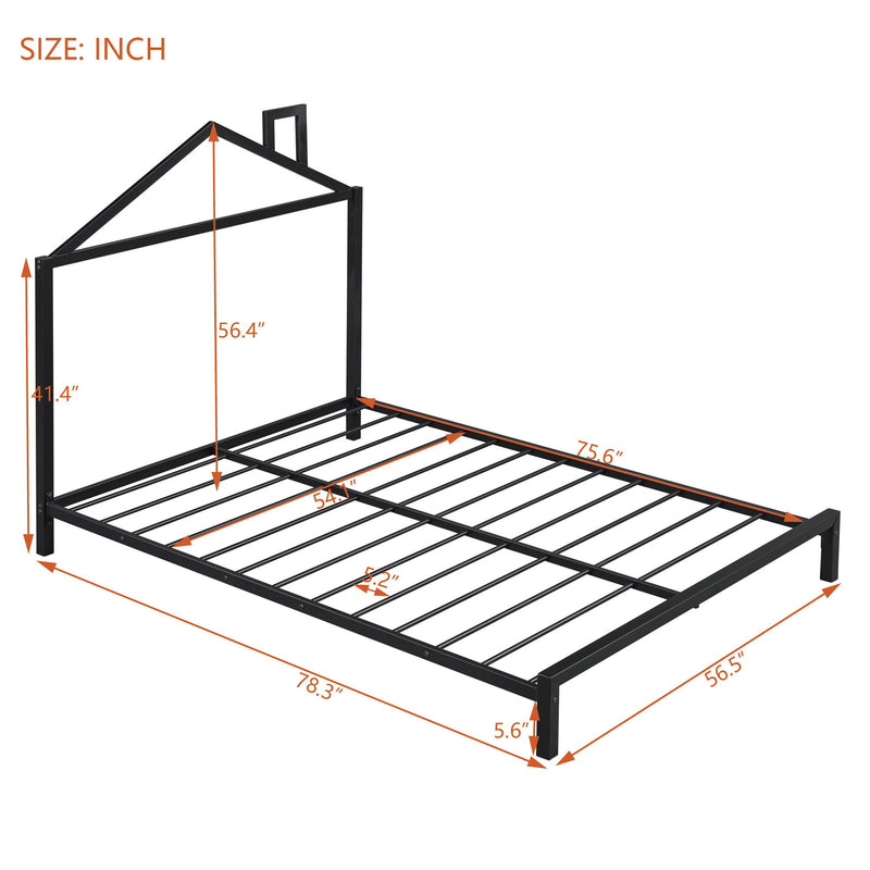 Full Size Metal Platform Bed With House-Shaped Headboard Design