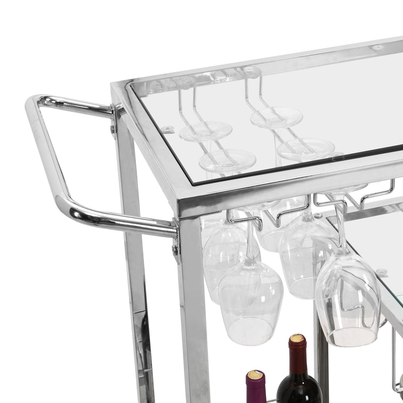 Contemporary Chrome Bar Serving Cart Tempered Glass Metal Frame Wine Storage (Silver) - Silver