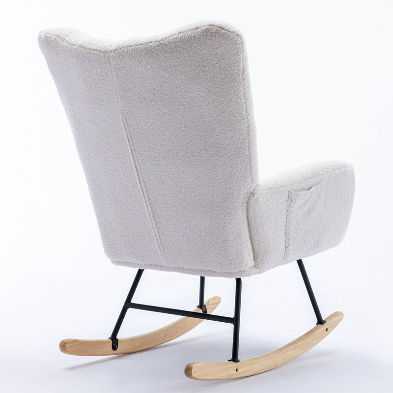 Rocking Chair With Pocket, Soft Teddy Fabric Rocking Chair For Nursery, Comfy Wingback Glider Rocker With Safe Solid Wood Base For Living Room