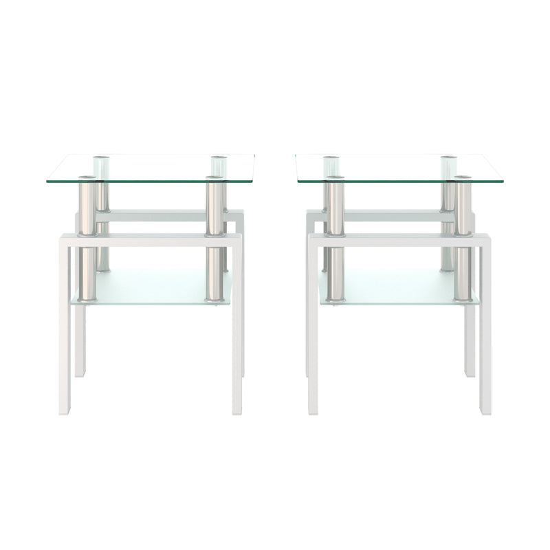 Modern Tempered Glass Tea Table, End Square Table For Living Room (Set of 2) - Transparent / White