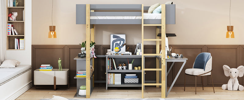 Twin Size Wood Loft Bed With Built-in Storage Cabinet and Cubes, Foldable desk, Gray