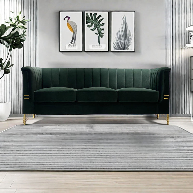 Fx-P82-Gr (Sofa) Velvet Sofa, Mid-Century Sofa Furniture Chesterfield Couch For Living Room - Green