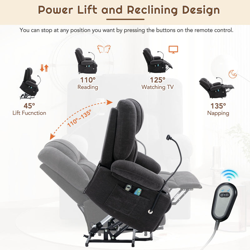 Power Lift Recliner Chair Electric Recliner For Elderly Recliner Chair With Massage And Heating Functions, Remote, Phone Holder Side Pockets And Cup Holders For Living Room