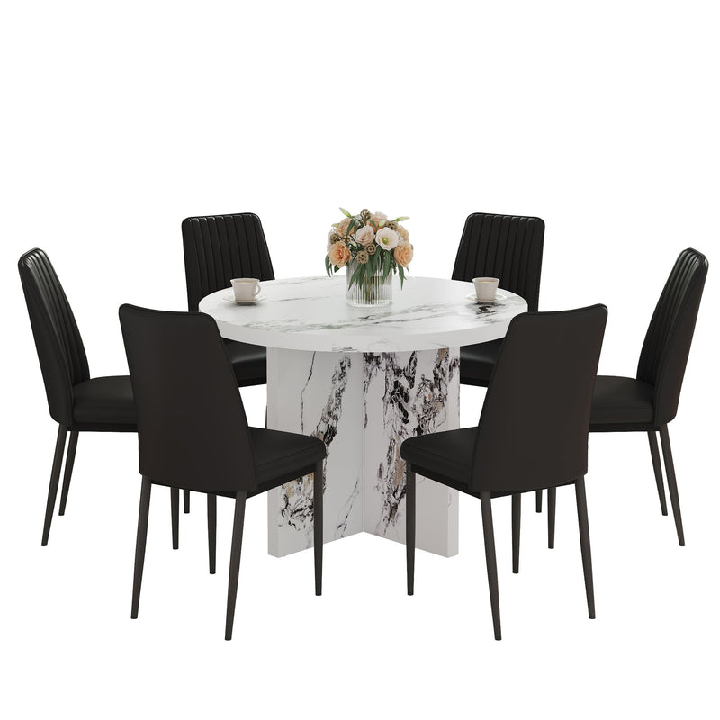 7 Piece Round Dining Table Set, Modern Round Table And 6 Upholstered Chairs For Dining Room, Kitchen Room, Living Room - White / Black