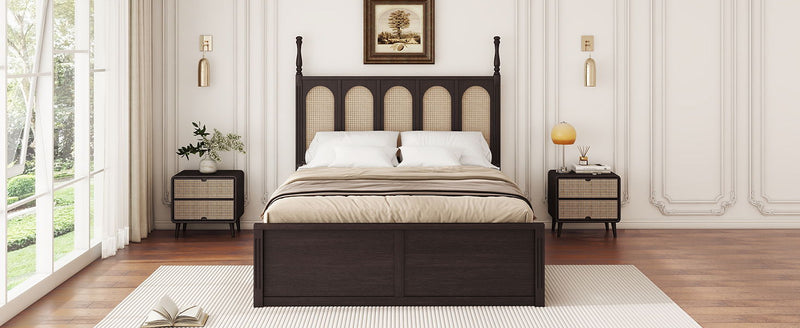 Rattan Platform Bed With With 2 Big Drawers With Trundle