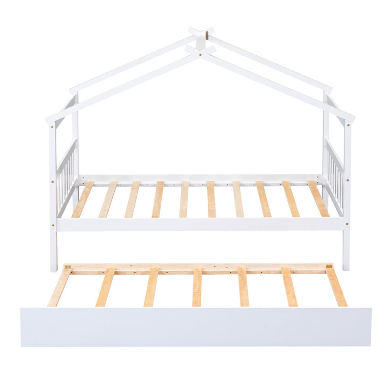 Twin Size Wooden House Bed With Twin Size Trundle - White