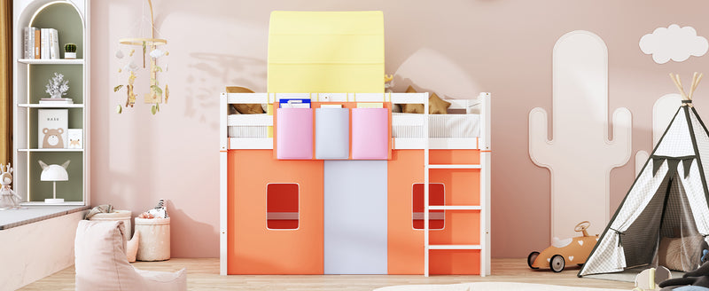 Twin Size Loft Bed with Tent and Tower  and  Three Pockets- Orange