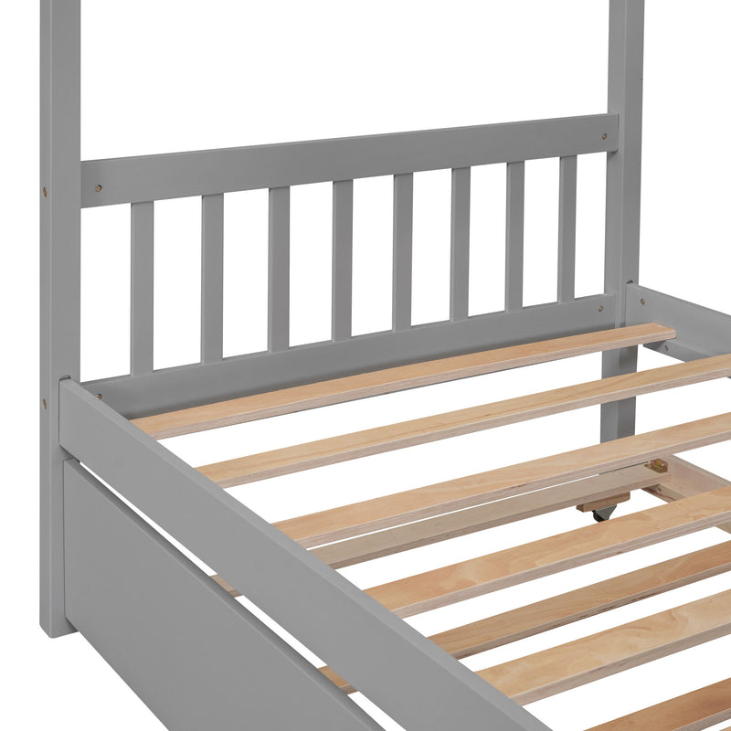 Twin Size Wooden House Bed With Twin Size Trundle - Gray