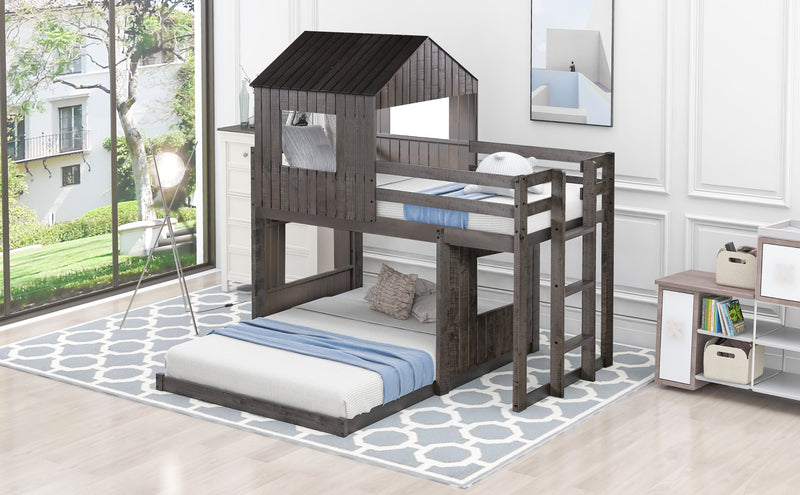 Wooden Twin Over Full Bunk Bed, Loft Bed with Playhouse, Farmhouse, Ladder and Guardrails , Antique Gray( old sku: LT000027AAE )