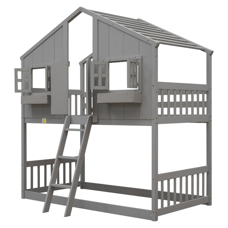 Twin over Twin House Bunk Bed with Roof , Window, Window  Box, Door , with Safety Guardrails and Ladder, Grey