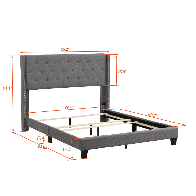 Queen Size Upholstered Platform Bed With Classic Headboard, No Box Spring Needed - Gray