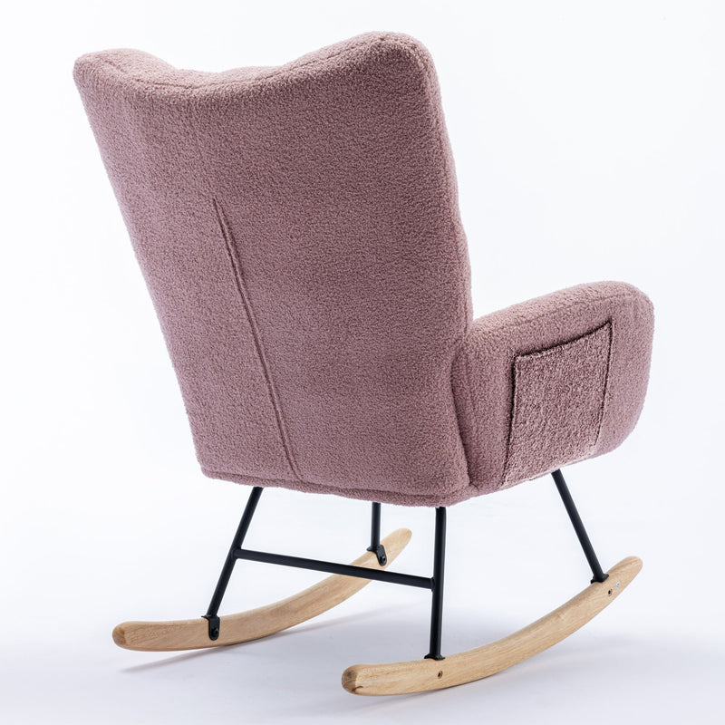 Rocking Chair With Pocket, Soft Teddy Fabric Rocking Chair For Nursery, Comfy Wingback Glider Rocker With Safe Solid Wood Base For Living Room