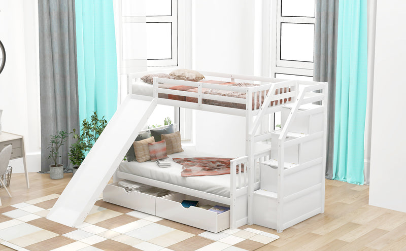 Twin over Full Bunk Bed with Drawers,Storage and Slide, Multifunction, White