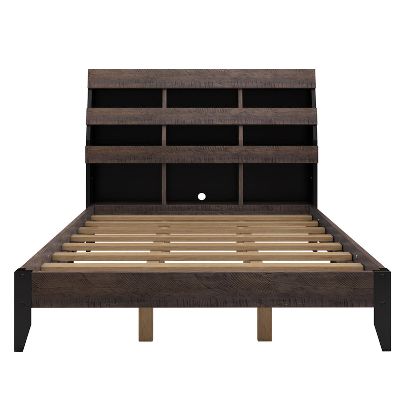 Mid Century Modern Style Queen Bed Frame With Bookshelf And Led Lights And USB Port - Walnut And Black