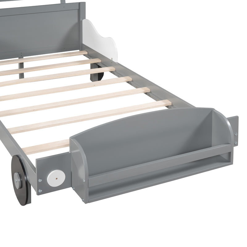 Twin Size Car-Shaped Platform Bed,Twin Bed with Storage Shelf for Bedroom,Gray