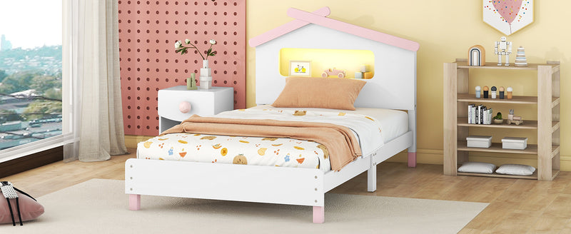 Twin Size Wood Platform Bed with House-shaped Headboard and Motion Activated Night Lights (White+Pink)