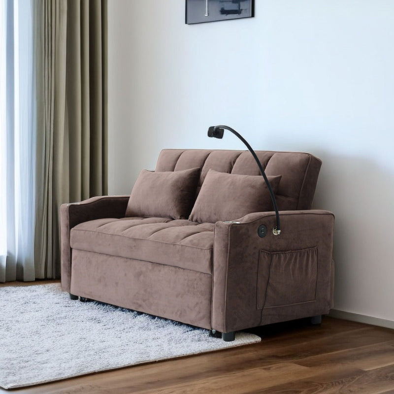 Lazy Sofa Bed, Convertible Sofa Bed Loveseat Sofa With Three USB Ports, Two Side Pockets, Two Cup Holders And 360 DegreeSwivel Phone Holder For Living Room - Brown