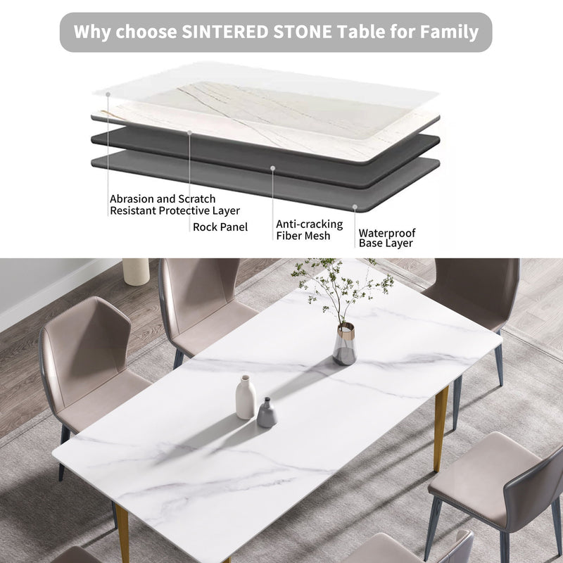 70.87" Modern Artificial Stone White Straight Edge Metal Leg Dining Table, Can Accommodate 6-8 People - White / Gold