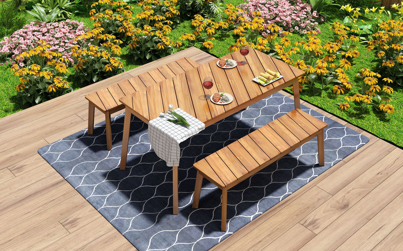 3 Pieces Acacia Wood Table Bench Dining Set For Outdoor & Indoor Furniture With 2 Benches, Picnic Beer Table For Patio, Porch, Garden, Poolside - Natural