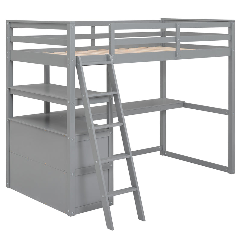 Twin Size Loft Bed with Desk and Shelves, Two Built-in Drawers, Gray(Old SKU: GX000423AAE)