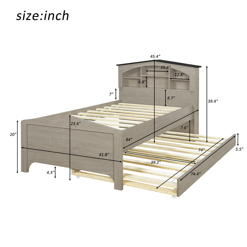 Twin Size Wood Platform Bed with House-shaped Storage Headboard and Trundle, Gray