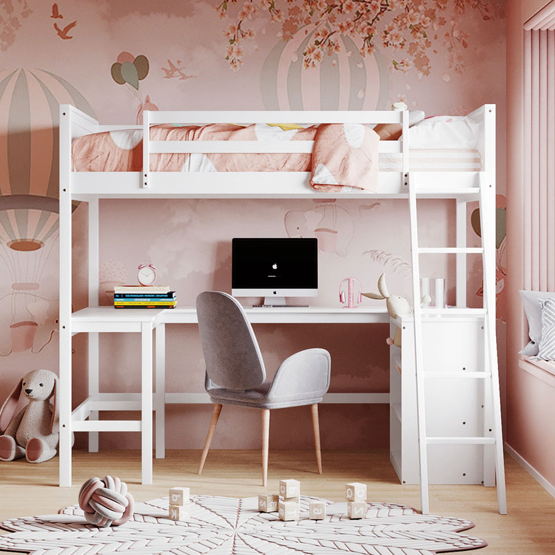 Twin size Loft Bed with Shelves and Desk, Wooden Loft Bed with Desk - White(OLD SKU:LT000537AAK)