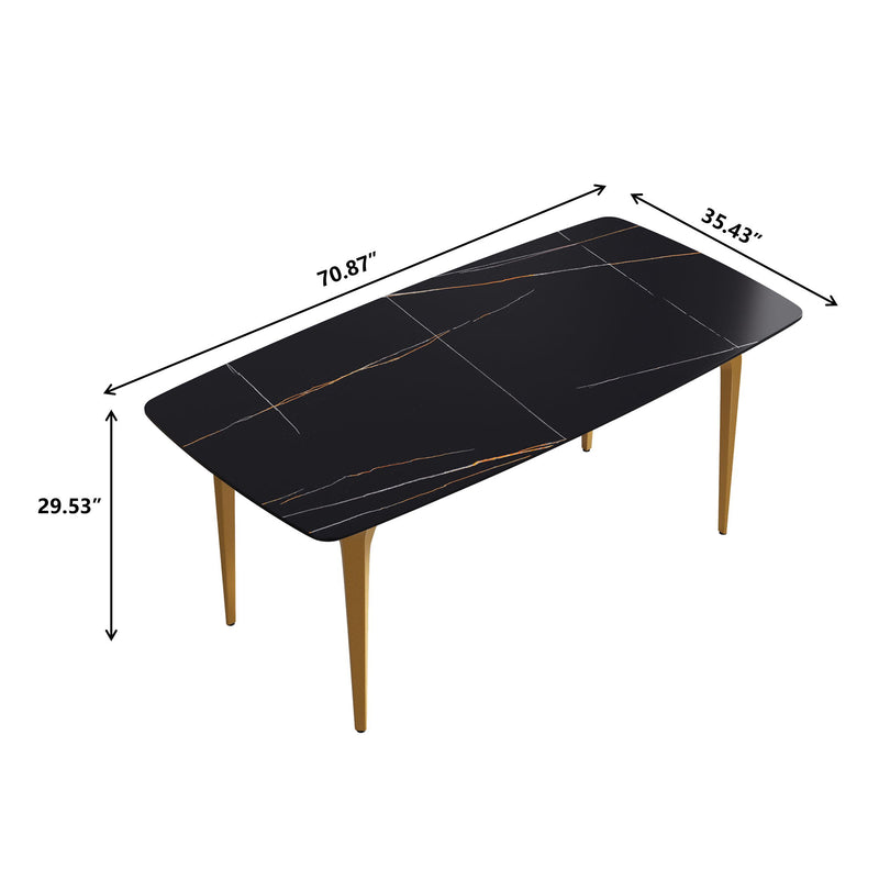 70.87" Modern Artificial Stone Black Curved Golden Metal Leg Dining Table, Can Accommodate 6-8 People - Black / Gold