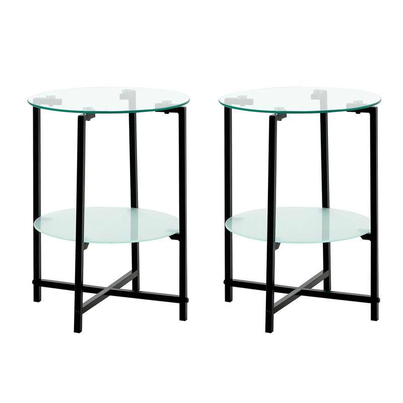 Jws-W241 Tempered Glass End Table (Set of 2) , Round Coffee Table For Bedroom Living Room Office - Black