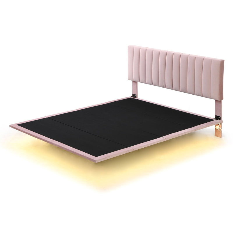 Queen Size Upholstered Bed With Sensor Light And Headboard, Floating Velvet Platform Bed - Pink