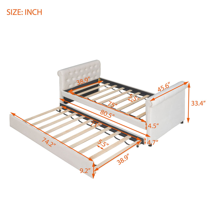 Twin Size Upholstered Daybed With Trundle, Wood Slat Support - Beige