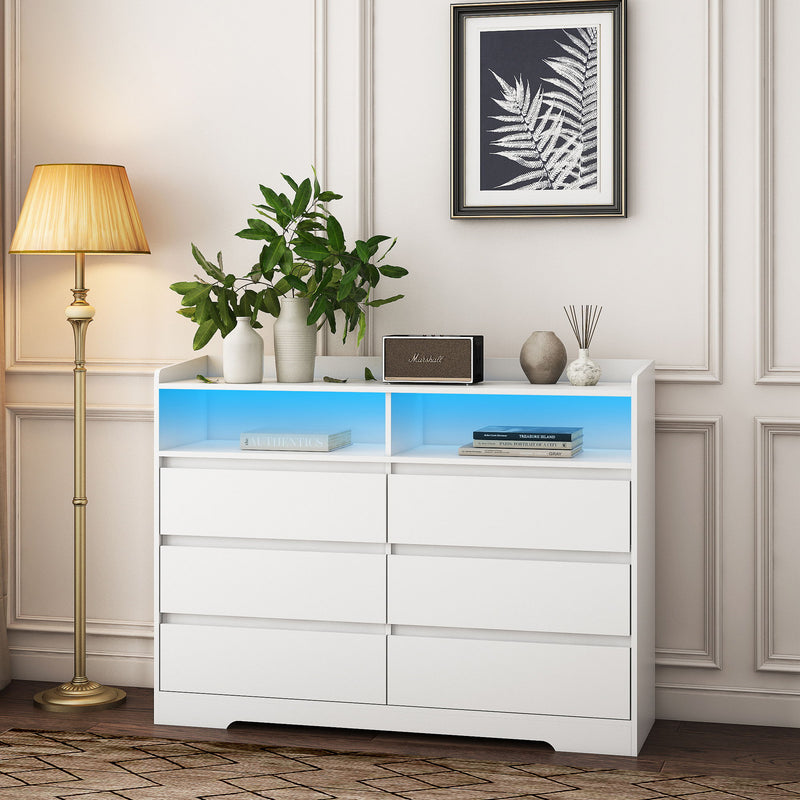 6 Drawer Dresser For Bedroom With LED Lights, Sturdy Frame - White