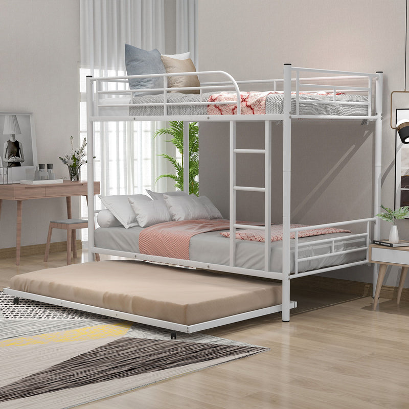 Twin Over Twin Metal Bunk Bed With Trundle (Can Be Divided Into Two Beds), No Box Spring Needed - White