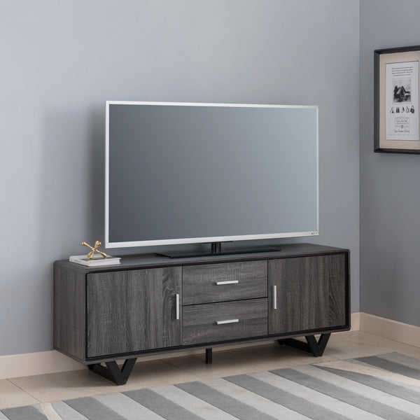 Modern Wooden 60" TV Stand With Two Center Drawers, Two Storage Cabinets - Distressed Grey & Black