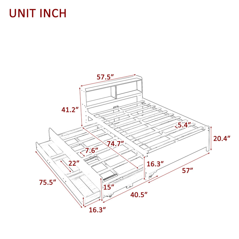 Full Bed With Bookcase, Twin Trundle, Drawers - Espresso