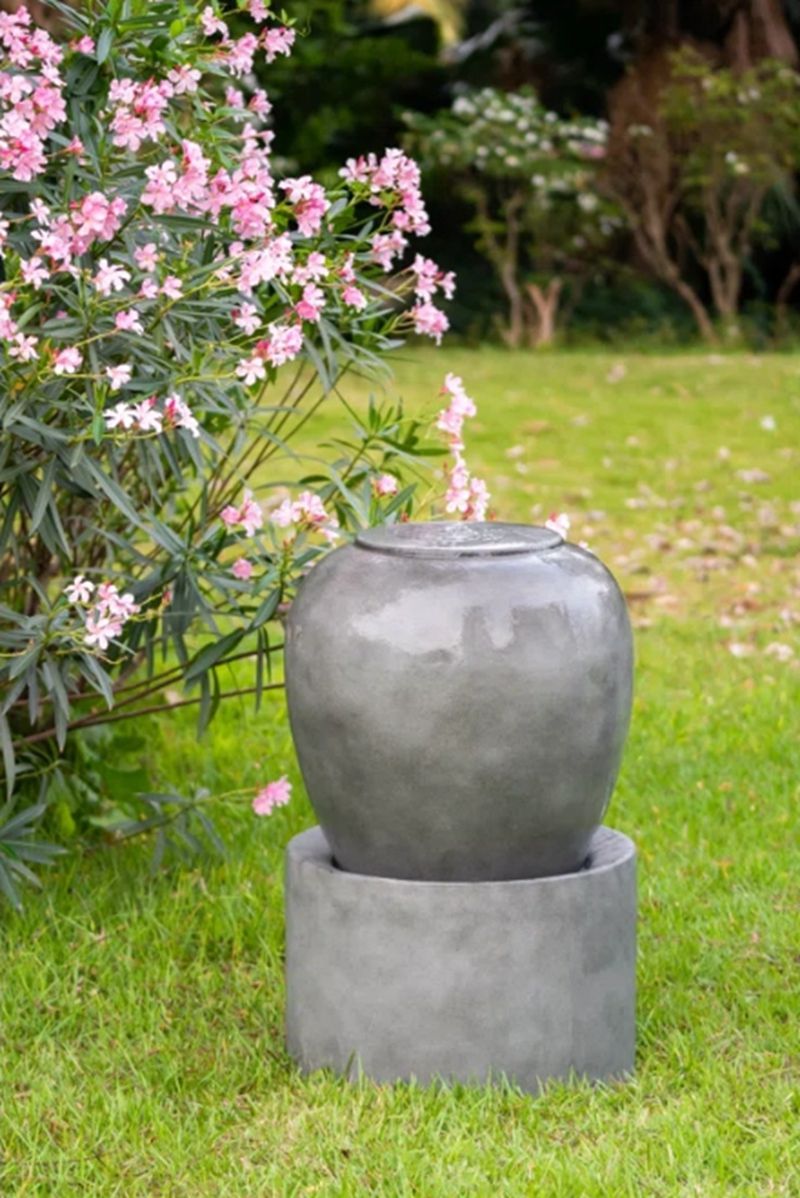 Heavy Outdoor Cement Fountain, Cute Unique Urn Design Water Feature For Home Garden, Lawn, Deck & Patio