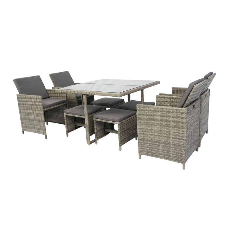 9 Pieces Patio Dining Sets Outdoor Space Saving Rattan Chairs With Glass Table Patio Furniture Sets Cushioned Seating And Back Sectional Conversation Set Wicker And Cushion - Gray