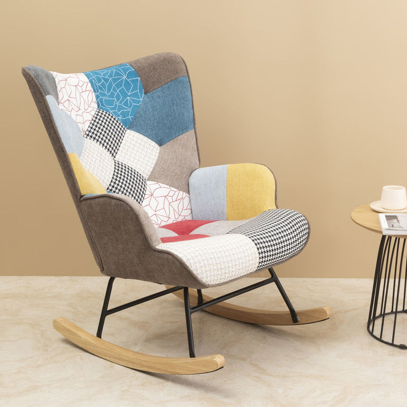 Accent Rocking Chair, Mid-Century Fabric Rocker Chair With Wood Legs And Patchwork Linen For Livingroom Bedroom