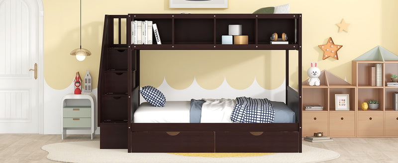 Twin over Full Bunk Bed with Shelfs, Storage Staircase and 2 Drawers, Espresso