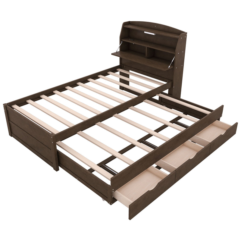 Wooden LED Platform Bed With Trundle, With Storage Headboard, With Drawers