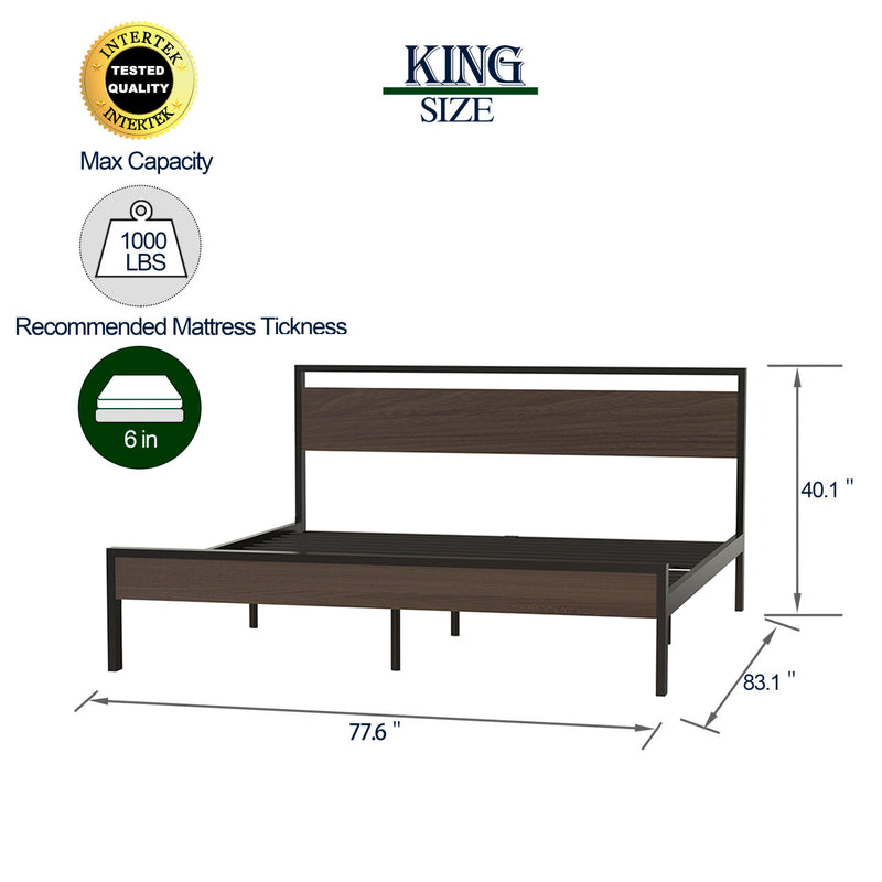 Ceres Metal Bed, Black with Walnut wood Headboard&Footboard, King