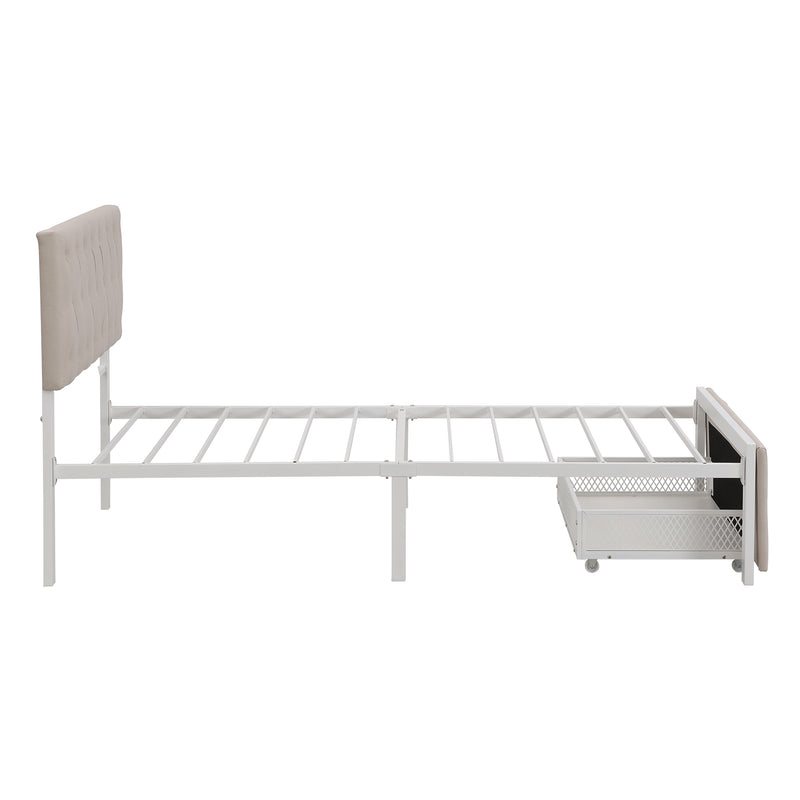 Twin Size Storage Bed Metal Platform Bed with a Big Drawer - Beige